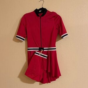 Red Short Sleeve Dance Costume with Black and White Stripes and Matching Shorts